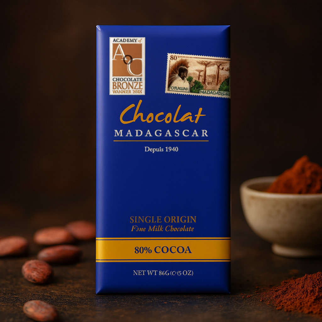 Chocolat Madagascar 80% Cocoa Fine Milk Chocolate bar from Madagaskar standing upright with cocoa beans.